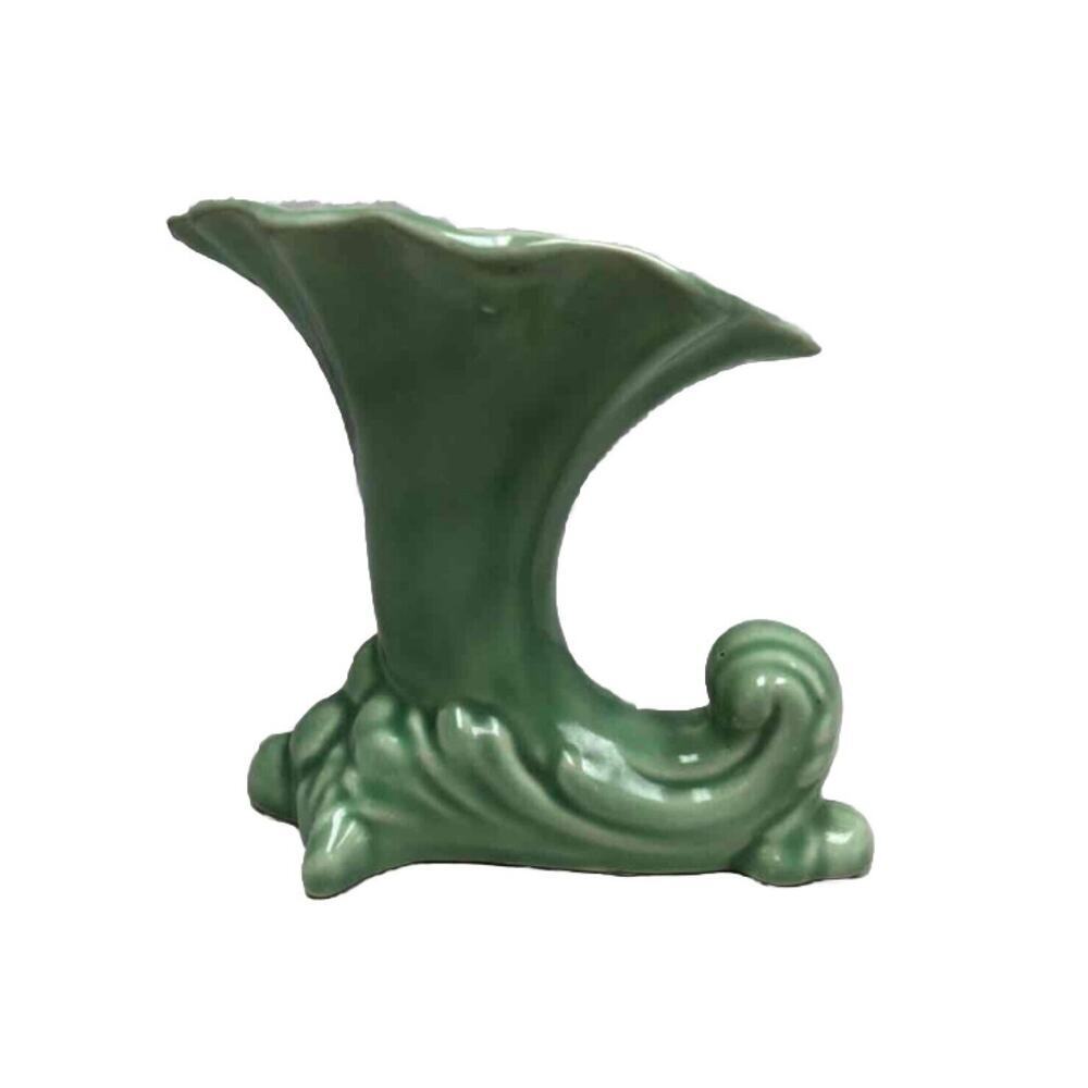 1950s Cameron Clay Horn of Plenty Cornucopia Art Pottery Green Vase USA Unmarked